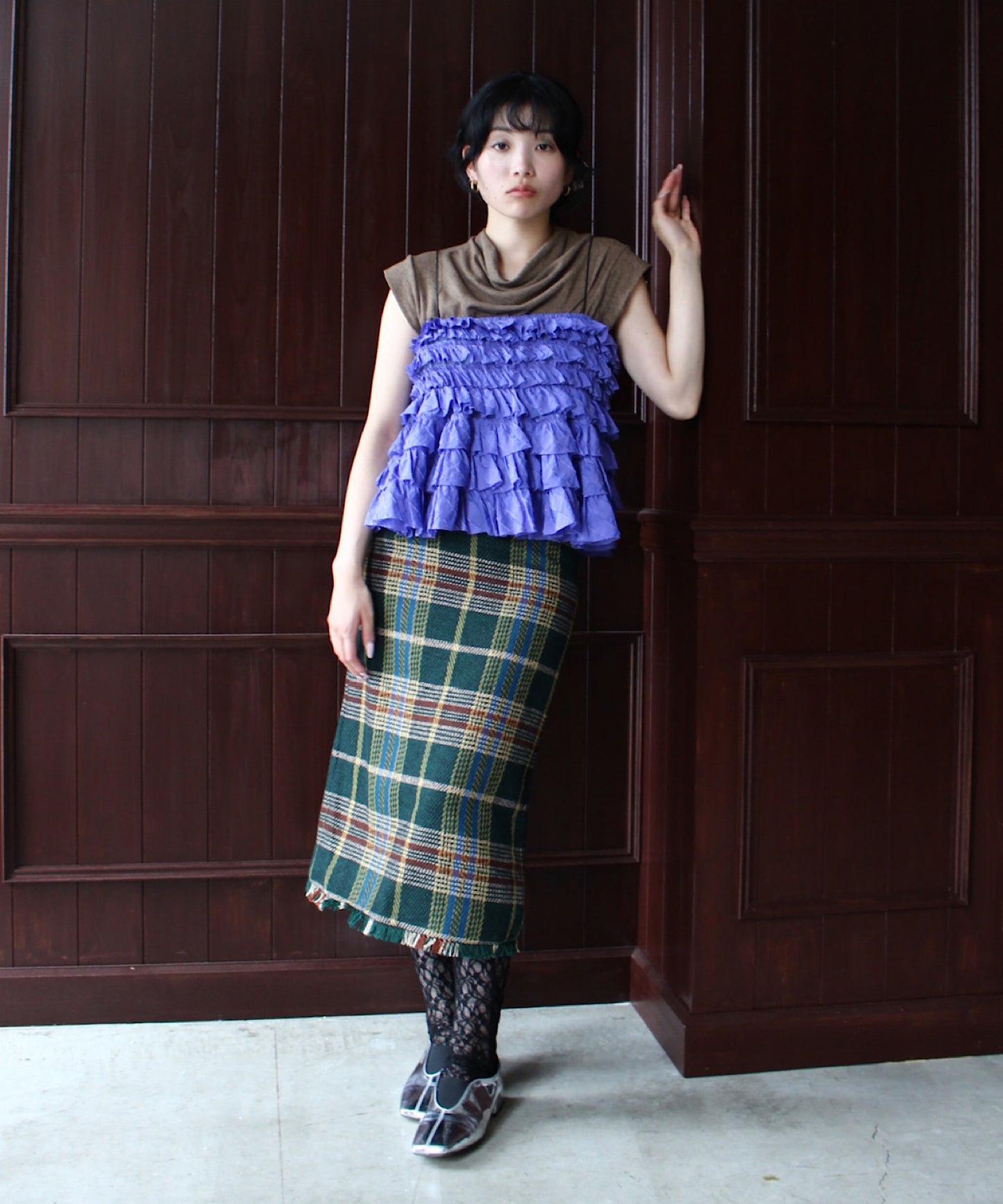 fringe check tight skirt　sew24a002